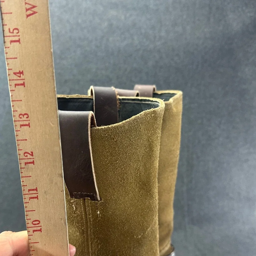 Vintage 1970s Mens Tan Suede Harness Boots Square Toe Brown Leather Straps 9.5 - Picture 8 of 12